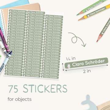 melu kids® Personalized Name Labels for Kids in School & Daycare (75) - Stick on Name Stickers (2.0” x 0.3”) for Pencils and Other School Supplies - Washable in Dishwasher - Green