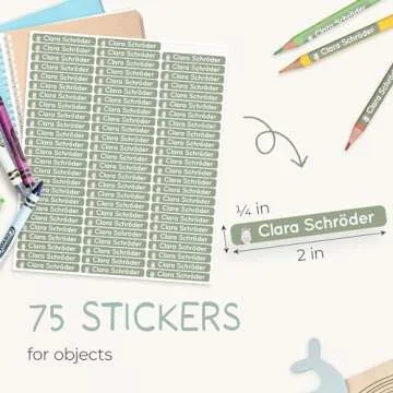 melu kids® Personalized Name Labels for Kids in School & Daycare (75) - Stick on Name Stickers (2.0” x 0.3”) for Pencils and Other School Supplies - Washable in Dishwasher - Green