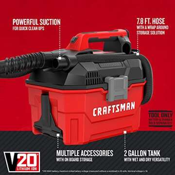 CRAFTSMAN V20 Cordless Vacuum Cleaner, Shop Vac Wet/Dry, 2 Gallon, 7ft Hose, Bare Tool Only (CMCV002...