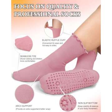 yeuG Pilates Socks with Grips for Women Non Slip Ruffle Socks Grip Socks Cute Turn-Cuff Crew Frilly Socks Grippy Yoga Socks