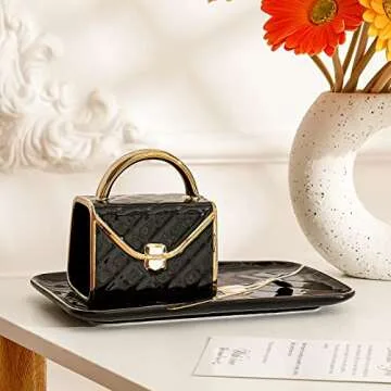 Zubebe 1 Set Coffee Mug Elegant Handbag Shaped cup Modern Ceramic Purse Mug with Spoon and Saucer, 10oz Cute Creative Tea Cup for Office Home Valentine‘s Day Mother's Day Woman Gift (Black)