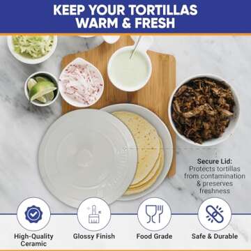 10 Inches Ceramic Tortilla Warmer by StarBlue with Free Recipes ebook - White, Insulated One Hour an...