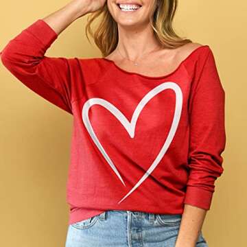 Thread Tank Simply Heart Love Valentines Day Slouchy 3/4 Sleeves Raglan Pullover Fun Casual Off Shoulder Women Sweatshirt - Red Medium