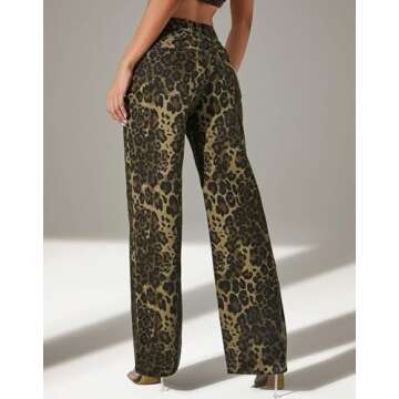 Kedera Women's Leopard Printed Wide Leg Jeans Baggy Straight Jeans Casual Boyfriend Mid Rise Ankle Denim Pants