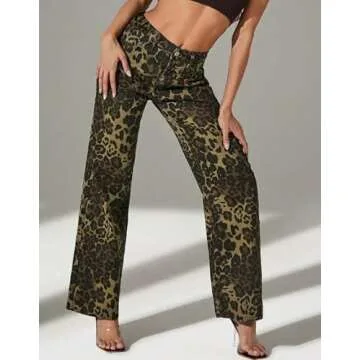 Kedera Women's Leopard Printed Wide Leg Jeans for Casual Style
