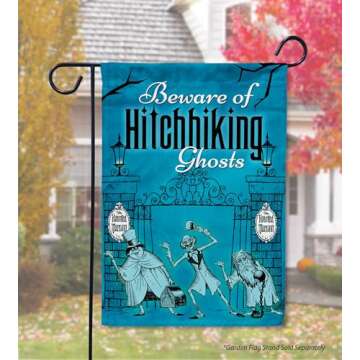 Flagology.com, Disney Haunted Mansion Beware of Hitchhiking Ghosts – Garden Flag 12.5" x 18", Exclusive Fabric, Officially Licensed Disney, Halloween