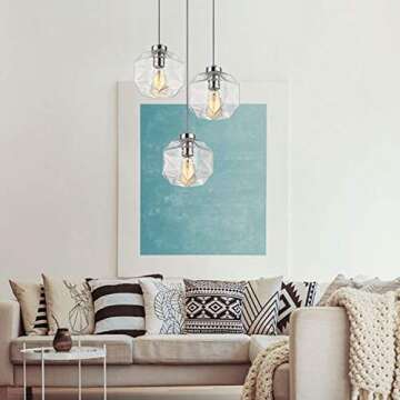 Modern Glass Kitchen Island Lighting, Geometric Clear Glass Hanging Ceiling Lights, 3 Lights Round Base Multi Pendant Lighting for Kitchen Island Dining Room Living Room Table, Brushed Nickel