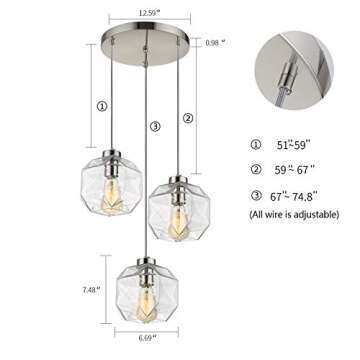 Modern Glass Kitchen Island Lighting, Geometric Clear Glass Hanging Ceiling Lights, 3 Lights Round Base Multi Pendant Lighting for Kitchen Island Dining Room Living Room Table, Brushed Nickel