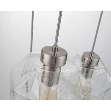 Modern Glass Kitchen Island Lighting, Geometric Clear Glass Hanging Ceiling Lights, 3 Lights Round Base Multi Pendant Lighting for Kitchen Island Dining Room Living Room Table, Brushed Nickel