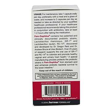 Jarrow Formulas Fem-Dophilus - 5 Billion CFU Per Serving - Womens Probiotic Supplement - Urinary Tract Health & Vaginal Health - Up to 60 Servings (Veggie Caps)