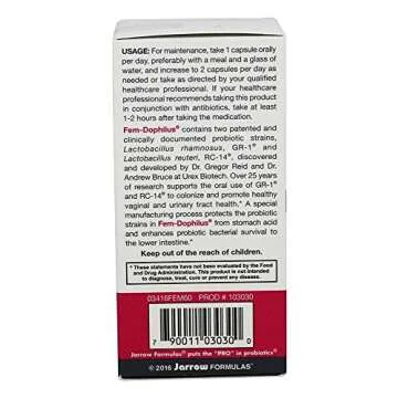 Jarrow Formulas Fem-Dophilus - 5 Billion CFU Per Serving - Womens Probiotic Supplement - Urinary Tract Health & Vaginal Health - Up to 60 Servings (Veggie Caps)
