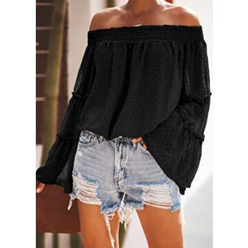 KIRUNDO Women's 2024 Spring Summer Off The Shoulder Tops Cute Swiss Dot 3/4 Bell Sleeves Casual Ruff...
