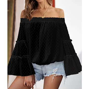 KIRUNDO Women's 2024 Spring Summer Off The Shoulder Tops Cute Swiss Dot 3/4 Bell Sleeves Casual Ruffle Chiffon Blouse(Large, Black)