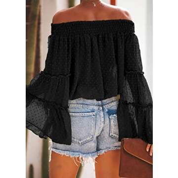 KIRUNDO Women's 2024 Spring Summer Off The Shoulder Tops Cute Swiss Dot 3/4 Bell Sleeves Casual Ruffle Chiffon Blouse(Large, Black)