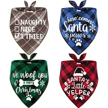 4 Pack Christmas Dog Scarves - Plaid Triangle Bandanas for Small to Large Dogs and Cats - Holiday Pe...