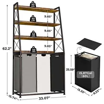 Herture Laundry Basket, 3 Section Laundry Hamper with 4 Tiers Shelf, Pull-Out and Removable Laundry Bags, Large 3 x 15.87 Gallons, for Laundry Room Bathroom Rustic Brown PF05XLN