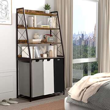 Herture Laundry Basket, 3 Section Laundry Hamper with 4 Tiers Shelf, Pull-Out and Removable Laundry Bags, Large 3 x 15.87 Gallons, for Laundry Room Bathroom Rustic Brown PF05XLN