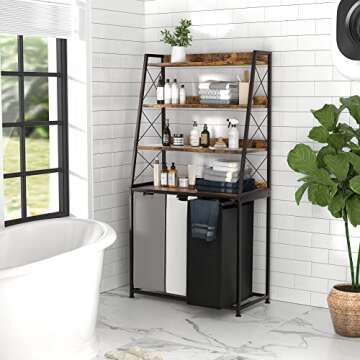 Herture Laundry Basket, 3 Section Laundry Hamper with 4 Tiers Shelf, Pull-Out and Removable Laundry Bags, Large 3 x 15.87 Gallons, for Laundry Room Bathroom Rustic Brown PF05XLN