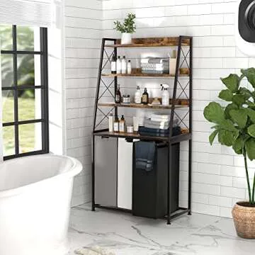 Herture Laundry Basket, 3 Section Laundry Hamper with 4 Tiers Shelf, Pull-Out and Removable Laundry Bags, Large 3 x 15.87 Gallons, for Laundry Room Bathroom Rustic Brown PF05XLN