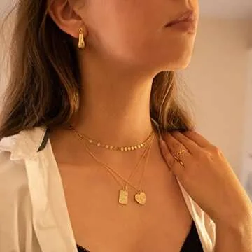 CHESKY Layered Gold Chain Choker for Women, 14k Gold Plated Dainty Coins Necklace Layering Cute Lip Chains Trendy Simple Thin Discs Chokers Necklaces Handmade Minimalist Jewelry Gift