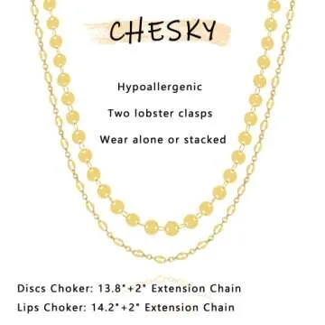 CHESKY Layered Gold Chain Choker for Women, 14k Gold Plated Dainty Coins Necklace Layering Cute Lip Chains Trendy Simple Thin Discs Chokers Necklaces Handmade Minimalist Jewelry Gift