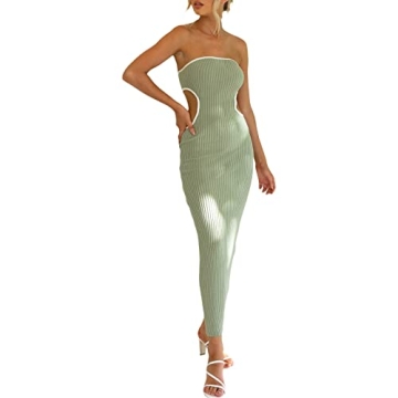 Women Strapless Knitted Long Dress Sexy Twisted Front Sleeveless Tube Dress Bodycon Split Party Club Dress(Waist Hollow Green,Small)