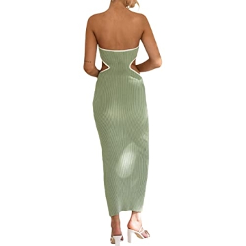 Women Strapless Knitted Long Dress Sexy Twisted Front Sleeveless Tube Dress Bodycon Split Party Club Dress(Waist Hollow Green,Small)