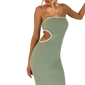 Women Strapless Knitted Long Dress Sexy Twisted Front Sleeveless Tube Dress Bodycon Split Party Club Dress(Waist Hollow Green,Small)