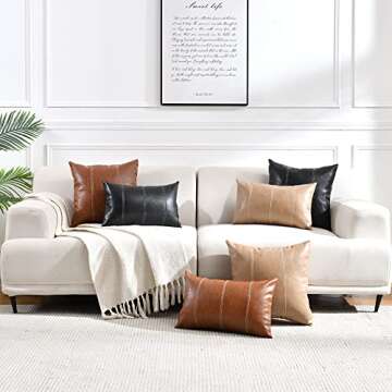 Fancy Homi 2 Packs Tan Lumbar Waterproof Faux Leather Decorative Throw Pillow Covers 12x20 Inch for Outdoor Couch Bed, Beige Hand Stitched Cushion Case 30x50 cm, Taupe Modern Farmhouse Home Decor