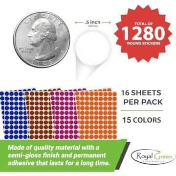 Royal Green Kids Colored Round Dots Stickers - 1280 Pack - 15 Colors - Arts & Crafts