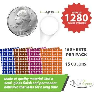 Royal Green Kids Colored Round Dots Stickers - 1280 Pack - 15 Colors - Arts & Crafts