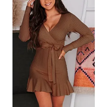 Elegant V-Neck Wrap Sweater Dress - Stylish Knit Mini