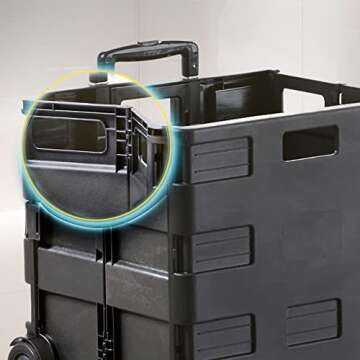 Inspired Living Ultra-Slim Rolling Collapsible Storage Pack-N-Roll Utility-carts, with Telescopic Handle, for Home, Garden, Shopping, Office, School use, Medium, Black