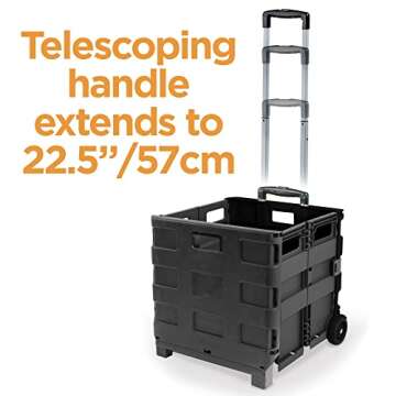 Inspired Living Ultra-Slim Rolling Collapsible Storage Pack-N-Roll Utility-carts, with Telescopic Handle, for Home, Garden, Shopping, Office, School use, Medium, Black