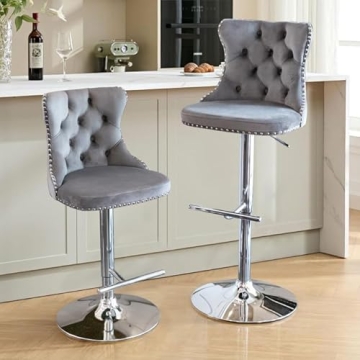 Swivel Bar Stools Set of 2 - Adjustable Counter Height Velvet Chairs with Nailheads