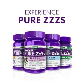 ZzzQuil Pure Zzzs Melatonin Gummies, Sleep Aid, Melatonin 2mg, with Chamomile & Lavender, Melatonin Sleep Gummies, Sleep Aids for Adults, Wildberry Vanilla Flavored, 48 Sleep Gummies