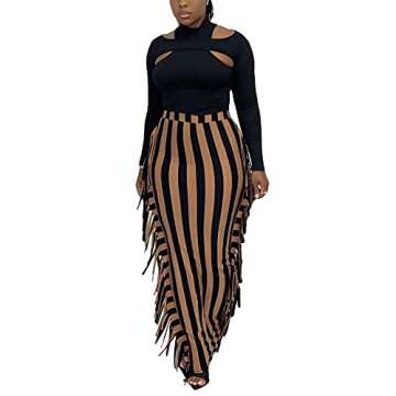 Womens Stripe Print Elastic High Waisted Tight Floor Length Tassel Maxi Skirts Clubwear