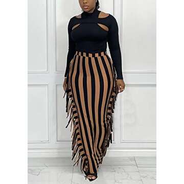 Womens Stripe Print Elastic High Waisted Tight Floor Length Tassel Maxi Skirts Clubwear