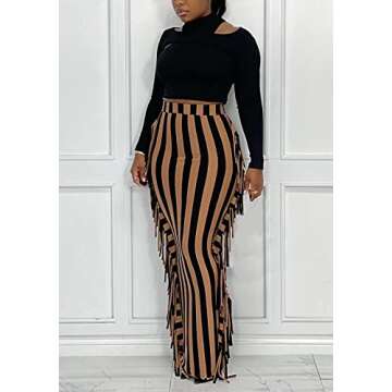 Womens Stripe Print Elastic High Waisted Tight Floor Length Tassel Maxi Skirts Clubwear