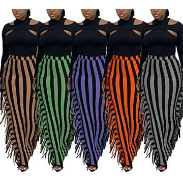 Womens Stripe Print Elastic High Waisted Tight Floor Length Tassel Maxi Skirts Clubwear