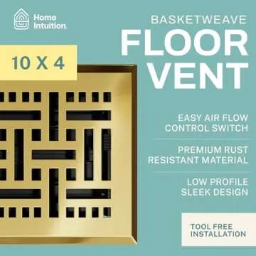 Home Intuition Basketweave Floor Vent Cover 4X10 Inch Floor Register with Mesh Cover Trap Heat and Air Walkable Metal Floor Vent for HVAC Duct, Polished Brass