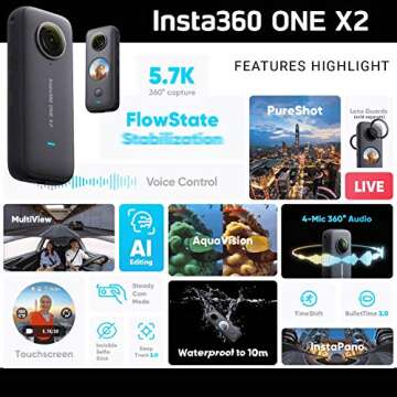 Insta360 ONE X2 360 Camera with Touchscreen - 5.7K30 360 Video, Front Steady Cam Mode, 18MP 360 Phot...