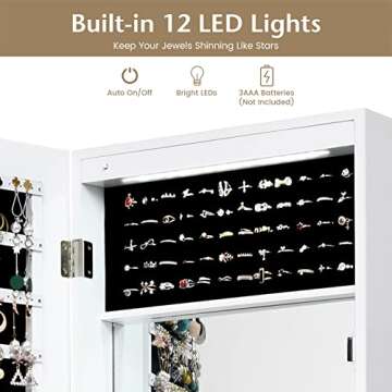 COSTWAY 12 LEDs Jewelry Cabinet, Wall/Door Mounted Jewelry Organizer Cabinet with 53.5” Full Length Mirror & Large Storage Capacity, Lockable Mirror Jewelry Armoire for Women Girls (White)