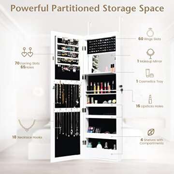 COSTWAY 12 LEDs Jewelry Cabinet, Wall/Door Mounted Jewelry Organizer Cabinet with 53.5” Full Length Mirror & Large Storage Capacity, Lockable Mirror Jewelry Armoire for Women Girls (White)