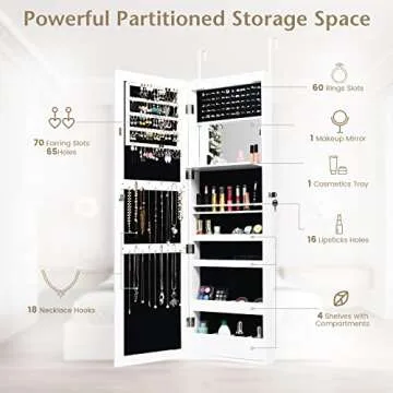 COSTWAY 12 LEDs Jewelry Cabinet, Wall/Door Mounted Jewelry Organizer Cabinet with 53.5” Full Length Mirror & Large Storage Capacity, Lockable Mirror Jewelry Armoire for Women Girls (White)