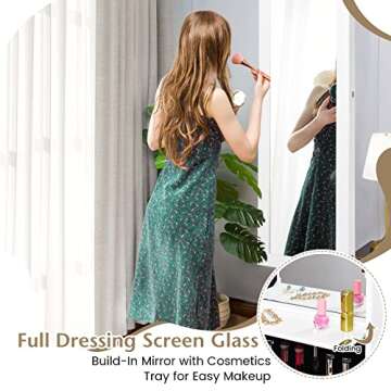 COSTWAY 12 LEDs Jewelry Cabinet, Wall/Door Mounted Jewelry Organizer Cabinet with 53.5” Full Length Mirror & Large Storage Capacity, Lockable Mirror Jewelry Armoire for Women Girls (White)