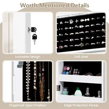 COSTWAY 12 LEDs Jewelry Cabinet, Wall/Door Mounted Jewelry Organizer Cabinet with 53.5” Full Length Mirror & Large Storage Capacity, Lockable Mirror Jewelry Armoire for Women Girls (White)