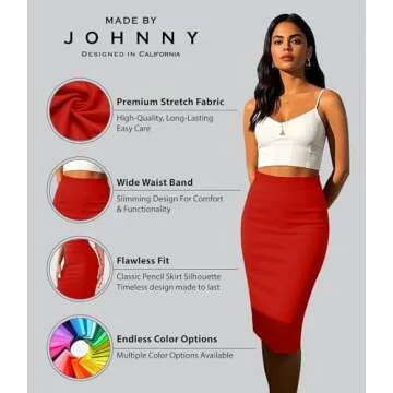 MBJ WB700 Women's Premium Scuba Stretch High Waist Pencil Skirt Below Knee for Office Wear XL RED