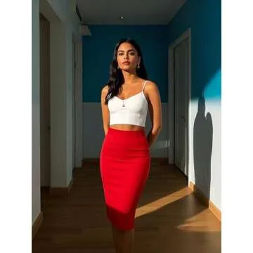 MBJ WB700 Women's Premium Scuba Stretch High Waist Pencil Skirt Below Knee for Office Wear XL RED