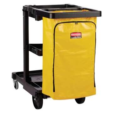 Rubbermaid Commercial Traditional Janitorial 3-Shelf Cleaning Cart, Wheeled with Zippered Yellow Vinyl Bag, for Business/School/Office/Janatorial Cleaning